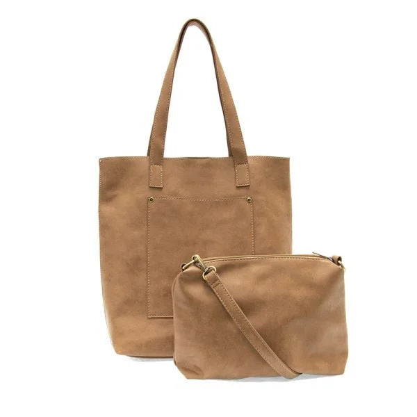 CHARLIE NORTH/SOUTH TOTE in tan vegan leather with interior zip closure and removable insert