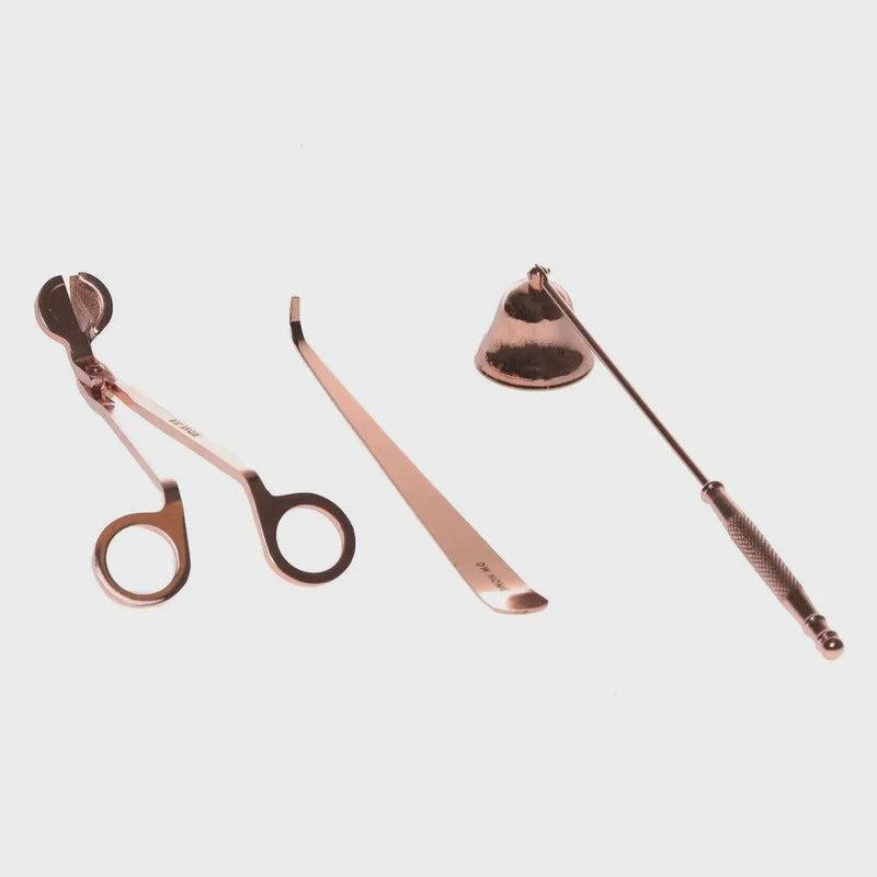 Copper-colored ROSE GOLD WICK CANDLE TRIMMER SET with scissors, wick trimmer, and snuffer