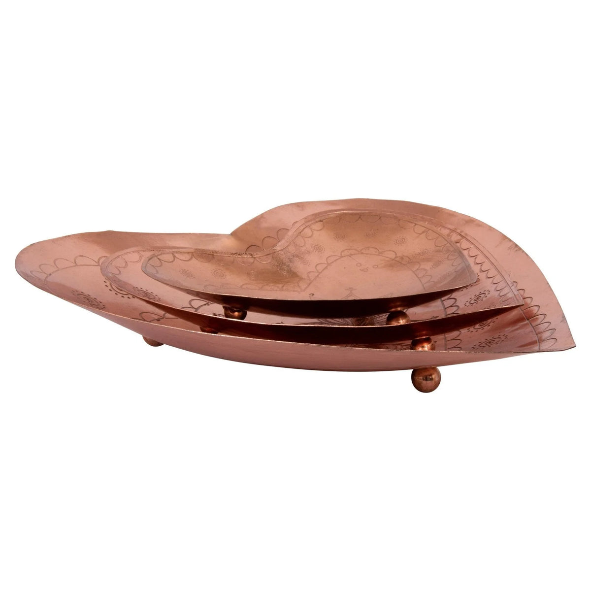 Copper embossed heart-shaped decorative tray showcasing elegant stacked nesting layers