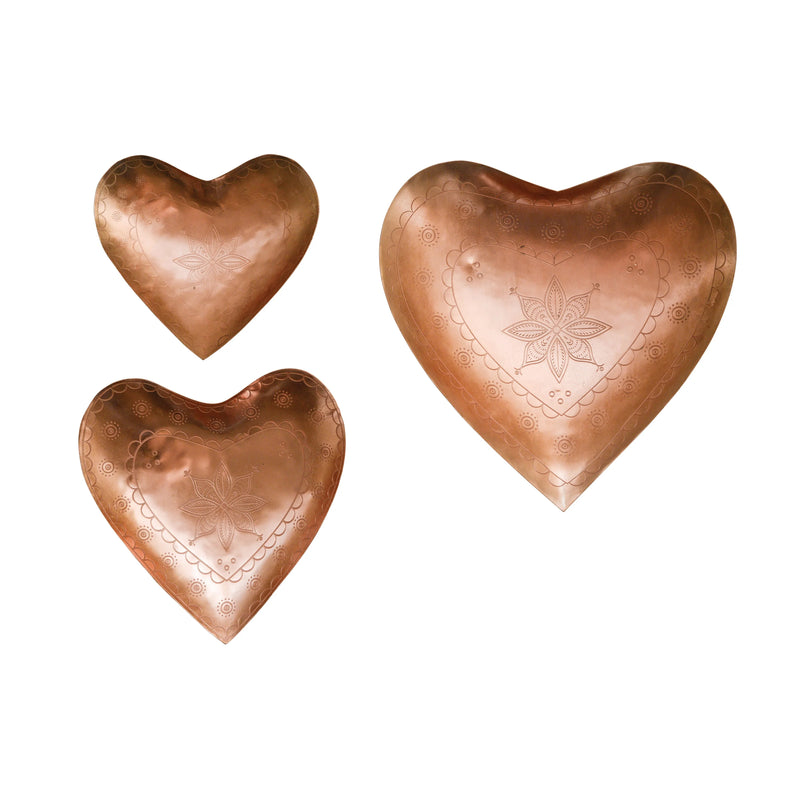 EMBOSSED COPPER HEART TRAYS showcasing elegant embossed copper heart shaped bowls