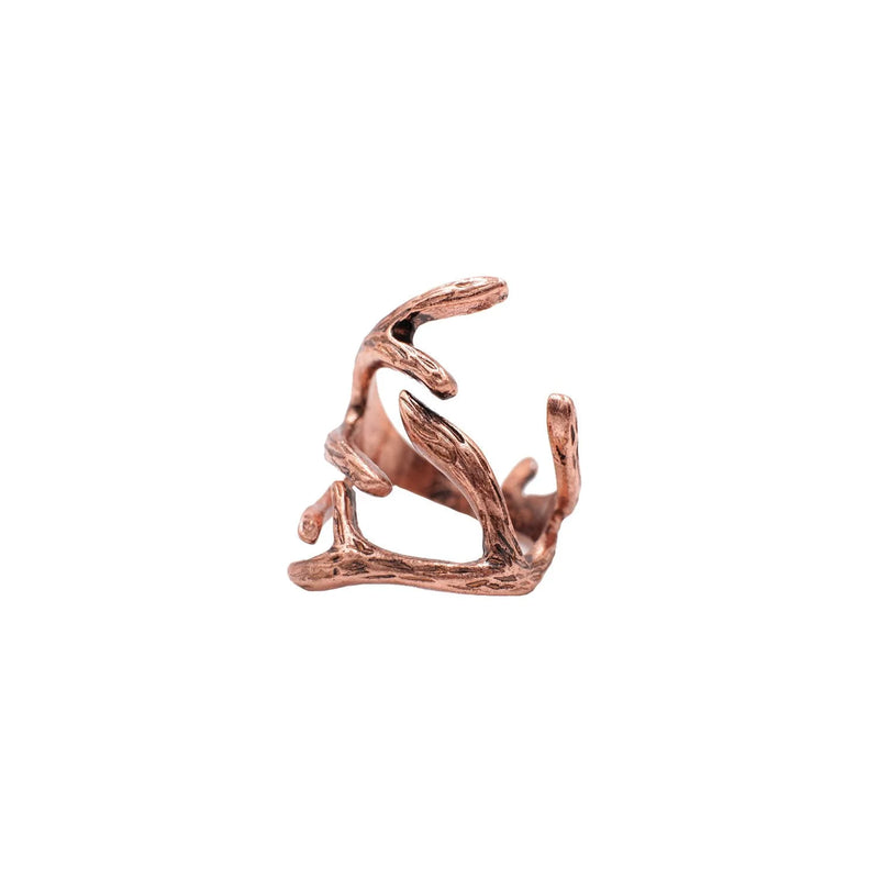 Copper deer antler ring with intricate leaf design in rose gold finish