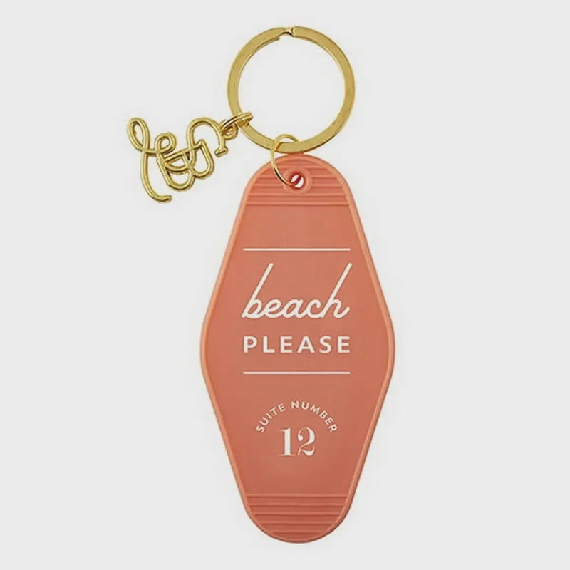 Coral motel style key chain featuring BEACH PLEASE text and number 12 design