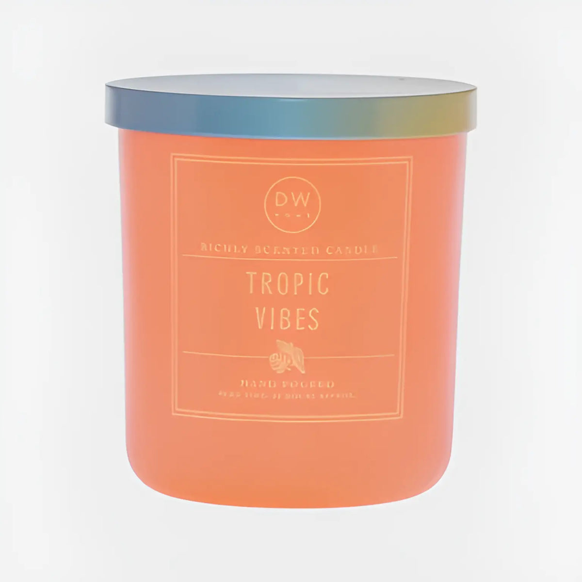 Coral-colored Tropic Vibes candle in glass jar, perfect for boho free spirit decor