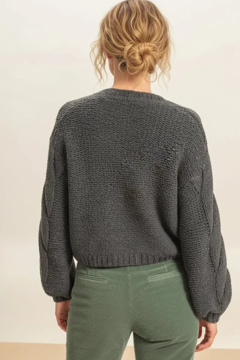 Oversized cable knit open front cardigan in cozy dark gray