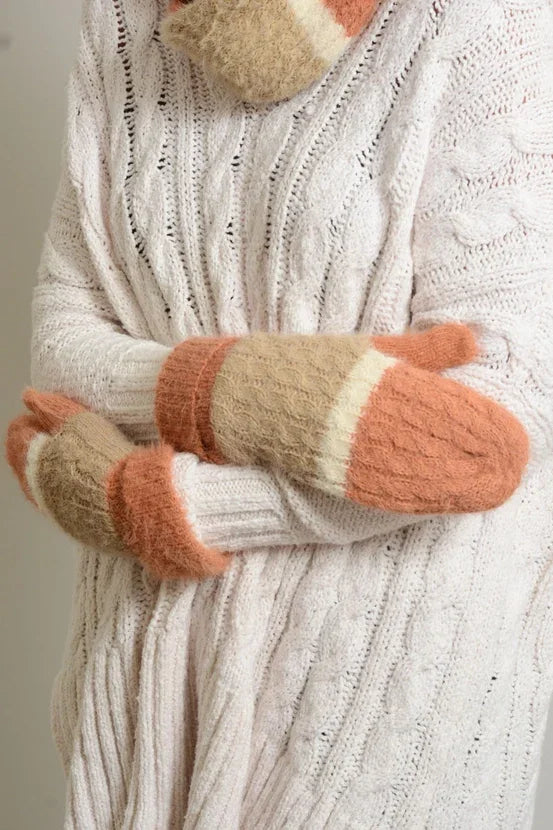 Cozy ultra soft mohair wide stripe warm mittens in peach, cream, and tan