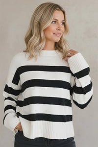 Cozy striped crew neck sweater in black and white stripes