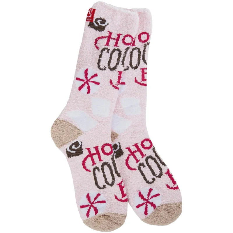 Cozy pink and white hot cocoa bar fuzzy socks