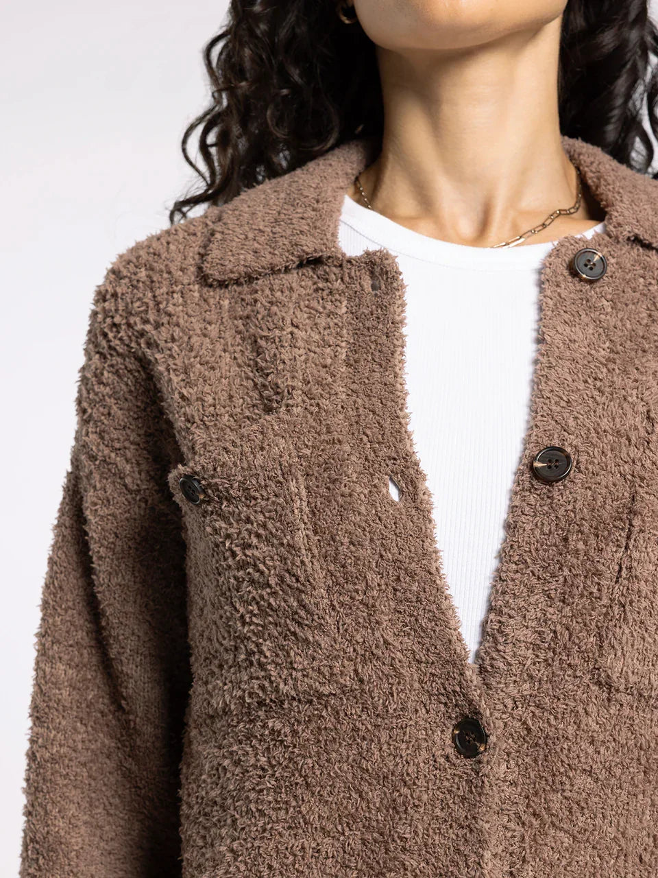 Cozy brown sweater jacket with ribbed white undershirt from THREAD AND SUPPLY LOIS collection