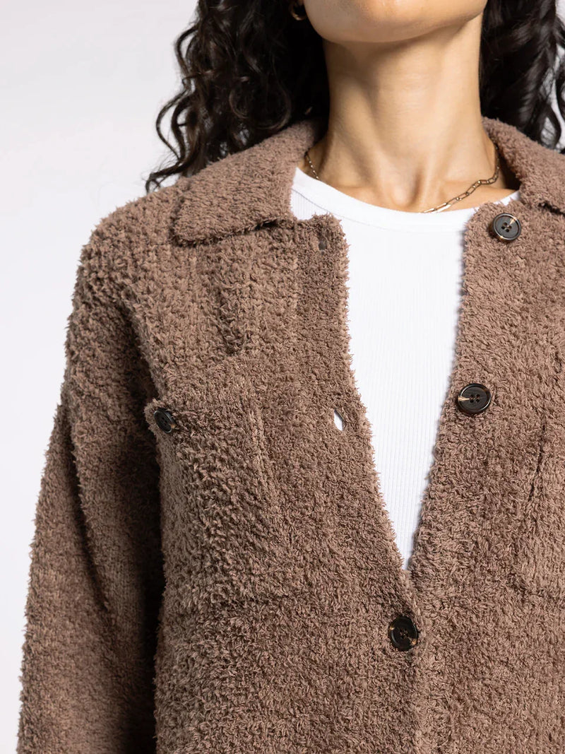 Cozy brown sweater jacket with ribbed white undershirt from THREAD AND SUPPLY LOIS collection