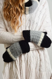 Cozy white cable-knit sweater with ultra soft mohair wide stripe warm mittens