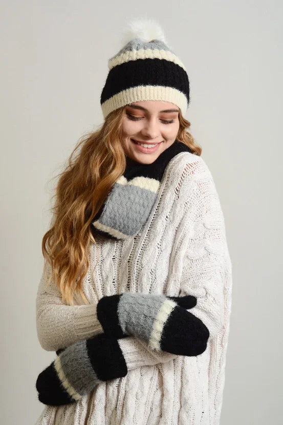 Cozy winter outfit featuring Ultra Soft Mohair Wide Stripe Warm Mittens and a cable-knit sweater