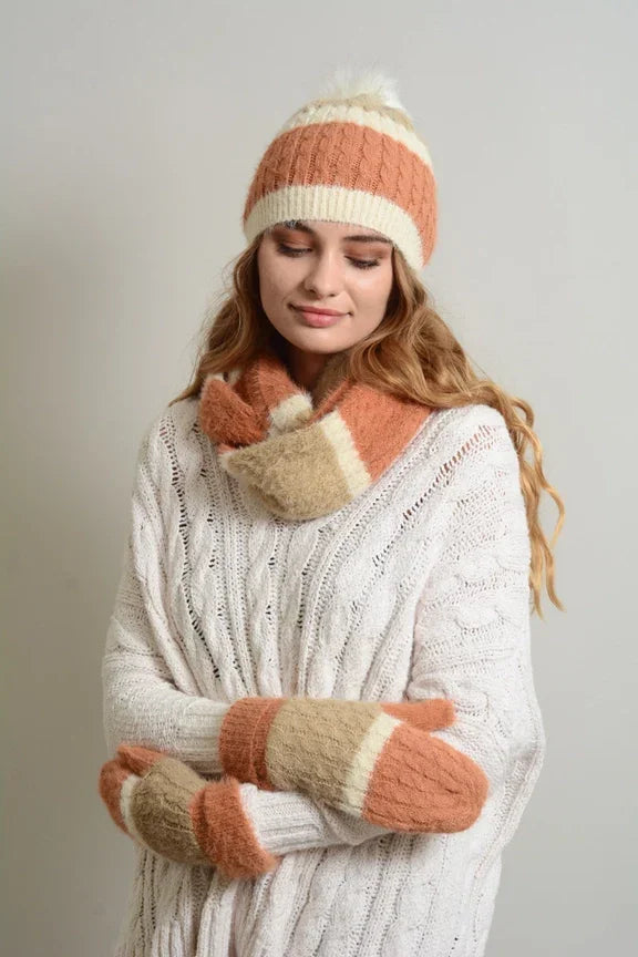 Cozy winter outfit featuring Ultra Soft Mohair Wide Stripe Warm Mittens and a white sweater