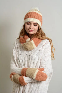 Cozy winter outfit featuring Ultra Soft Mohair Wide Stripe Warm Mittens and a white sweater