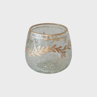 Crackled glass votive holder with gold leaf design in recycled glass finish design