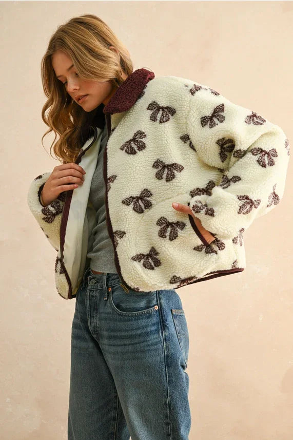 Cream and brown bow pattern sherpa jacket with maroon collar, stylish sherpa jacket
