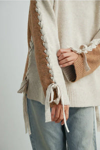 Cream and brown color-block crew neck long sleeve pullover sweater with ribbon lacing