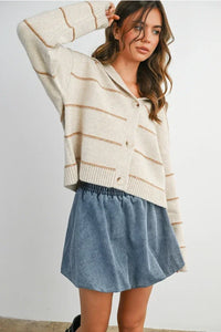 Cream and brown striped collared cardigan with relaxed fit