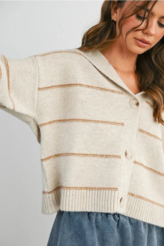 Cream and brown striped collared cardigan with button closure