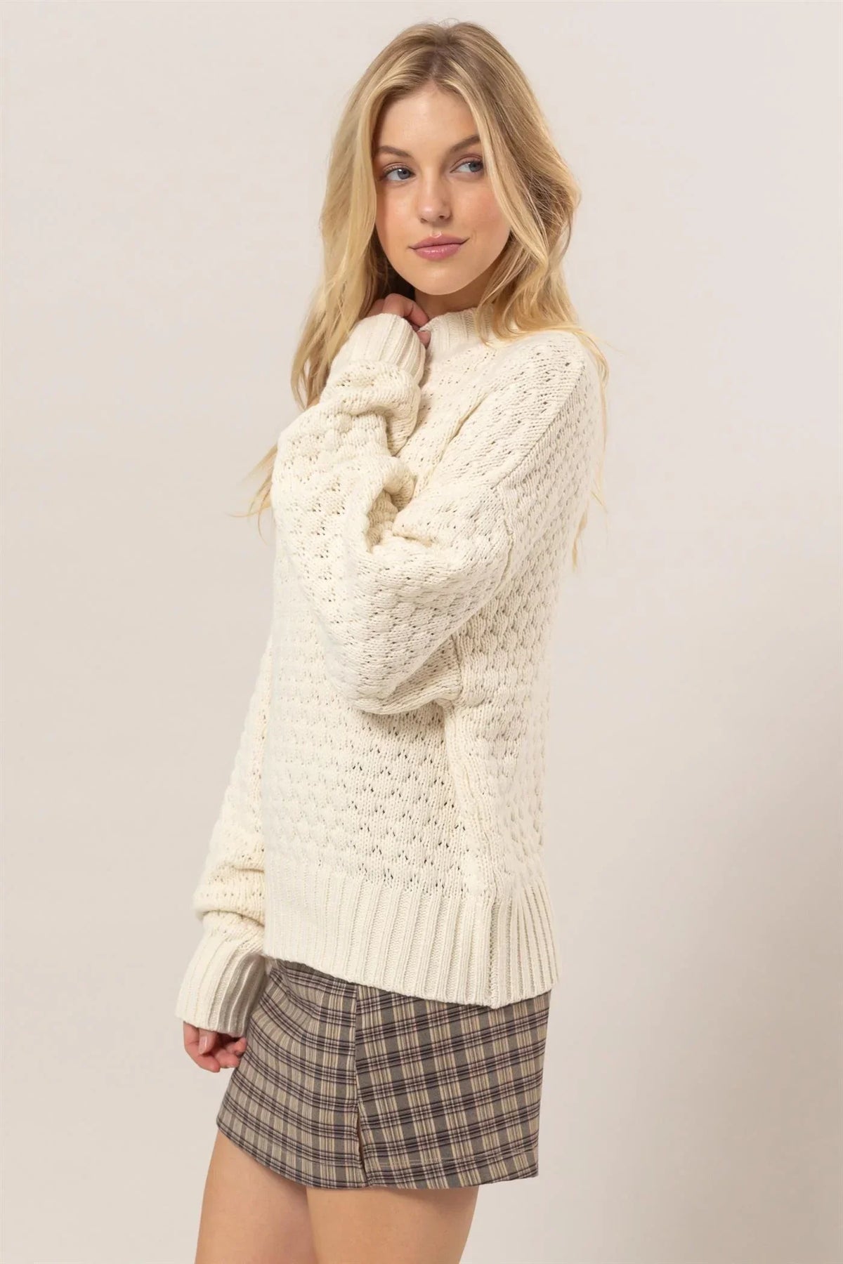 Textured High Neck Sweater for Boho Chic Style Cream Large