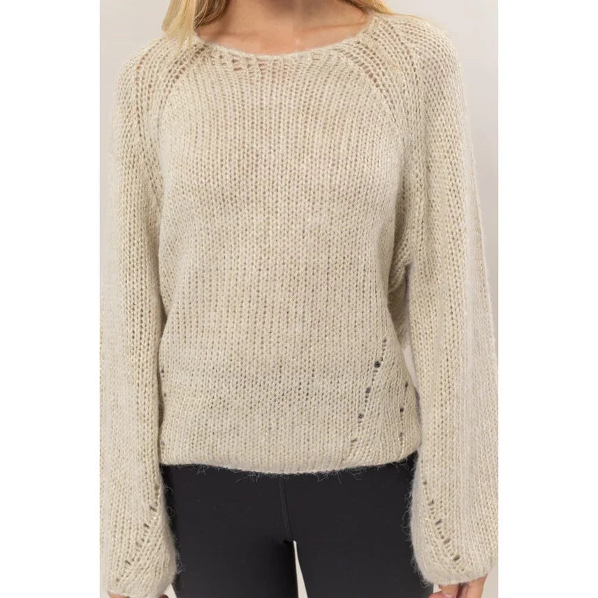 Cream-colored chunky knit sweater pullover, perfect addition to women’s boho chic clothing