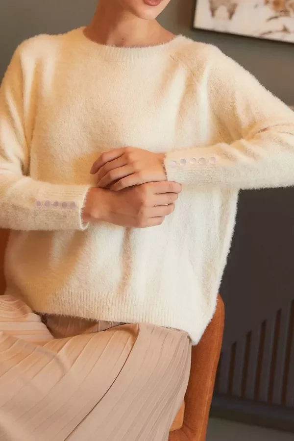 Cream-colored fuzzy Mohair Basic Long Sleeve Sweater for women’s boho chic clothing