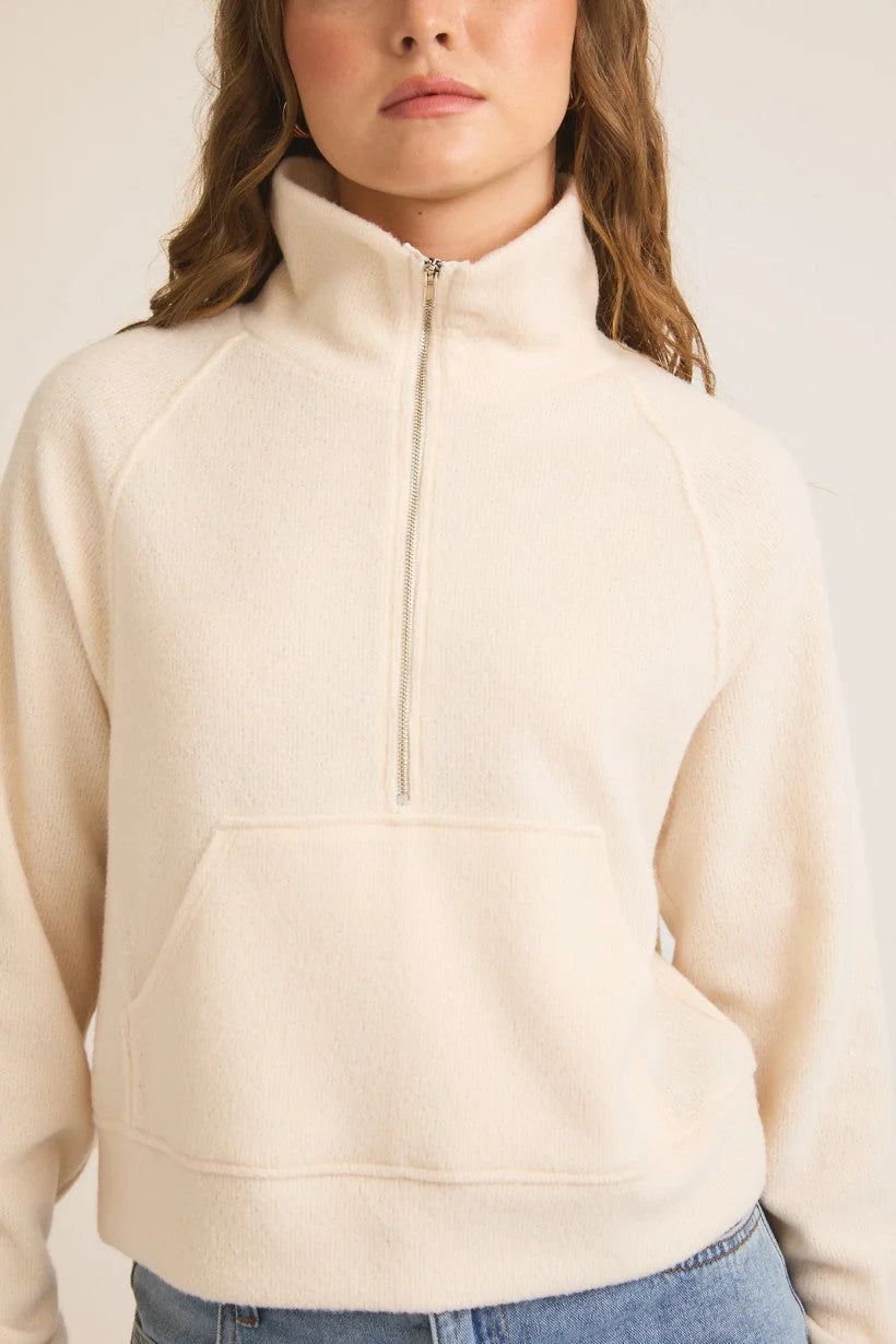 Cream-colored half-zip fleece pullover, size small, ideal for women’s boho chic clothing