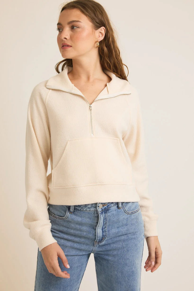 Cream-colored half-zip pullover sweater for women’s boho chic clothing in size small