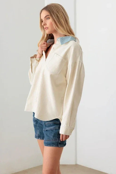 Cream-colored knit sweater with contrast collar for boho oversized shacket style