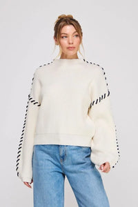 Lofty Mock Neck Contrast Stitch Detail Sweater in Cream