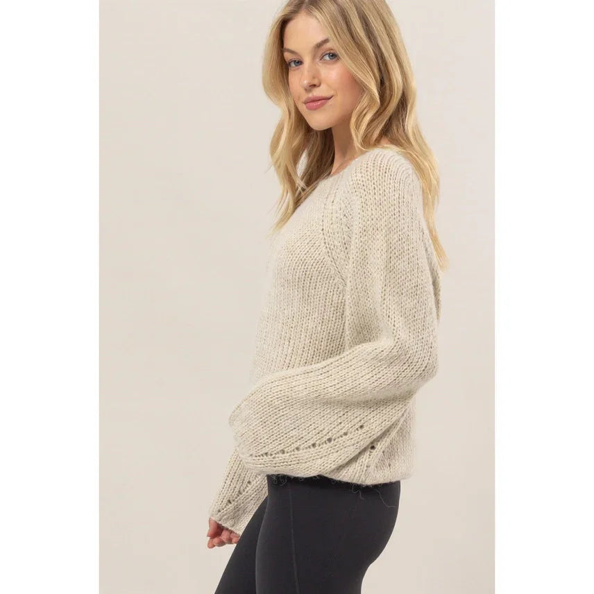 Cream-colored Melange Knit Sweater Pullover with delicate lace pattern and long sleeves