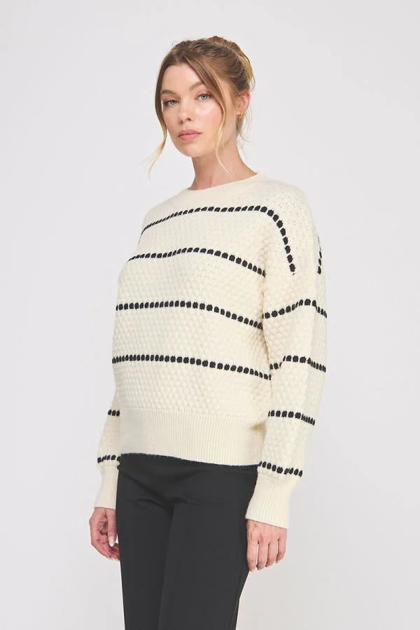 Cream-colored Pebble Textured Lofty Stripe Sweater with black dotted stripes