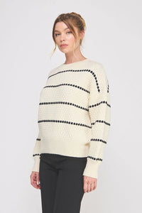 Cream-colored Pebble Textured Lofty Stripe Sweater with black dotted stripes