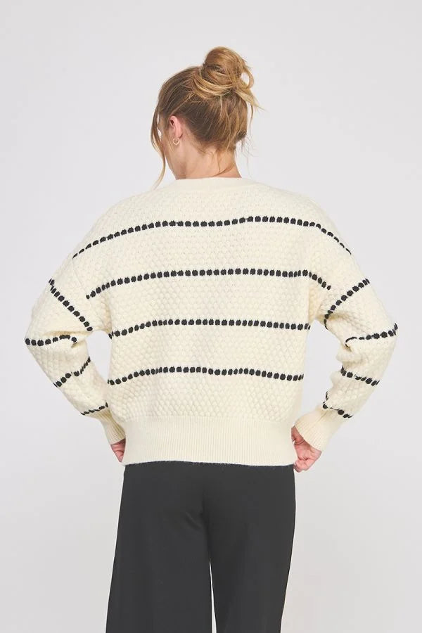 Cream-colored Pebble Textured Lofty Stripe Sweater with black dotted stripes