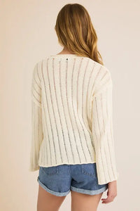 Cream-colored knit round neck long sleeve sweater with vertical stripes for women