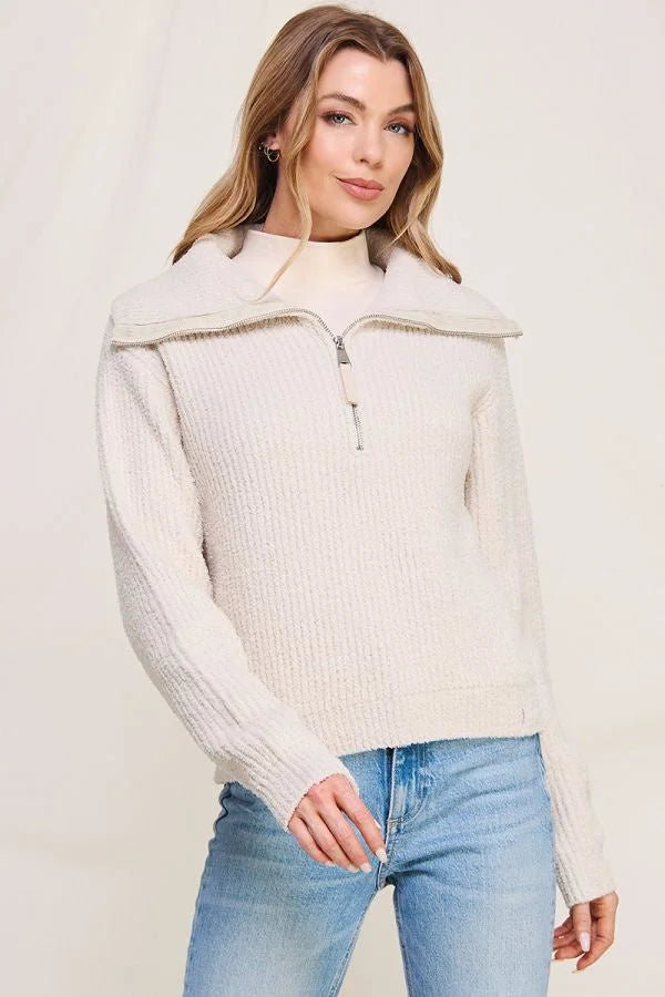 Cream-colored knit sweater featuring high collar and quarter-zip front, Soft Plush Half Zip Pullover