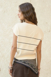 Cream-colored knit cardigan with three black stripes, short sleeve knit design