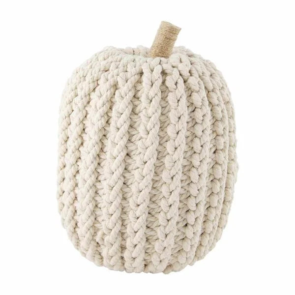 Cream-colored knitted fabric pumpkin decorative pillow with jute stem for home decor