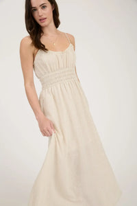 Cream-colored maxi dress with lace trim, ideal for women’s boho chic clothing and midi dress style
