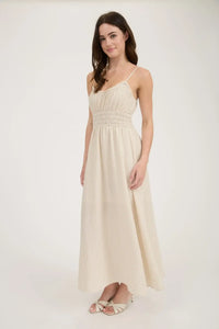 Cream-colored maxi dress with lace trim, perfect for women’s boho chic clothing and midi dress styles