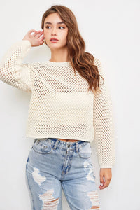 Cream-colored open-knit sweater for women in size small, perfect for boho chic style