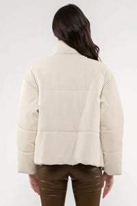 Cream-colored puffer jacket back view from the Turtle Neck Faux Leather Jacket line