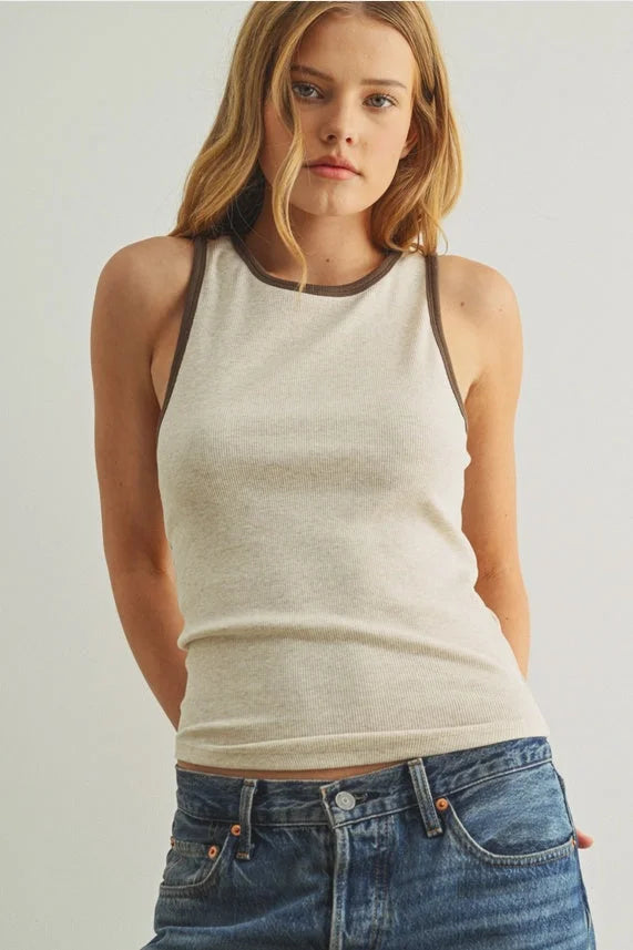 Cream-colored ribbed knit color contrasted tank top with gray trim