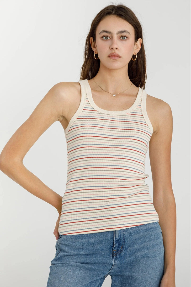 Cream-colored ribbed cotton multi striped tank top with red and blue horizontal stripes