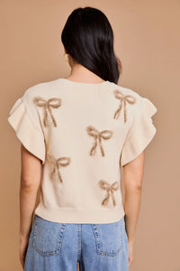 Cream-colored short-sleeved sweater with bow designs for women’s boho chic clothing