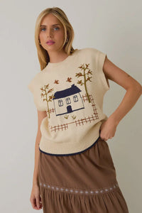 Crow neck sleeveless graphic sweater in cream with house and tree design