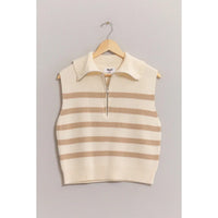 Cream-colored sleeveless sweater vest with tan stripes, ideal for women’s boho chic clothing