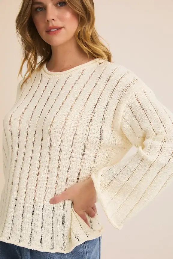 Cream-colored striped knit round neck long sleeve sweater with bell sleeves