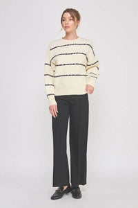 Cream-colored Pebble Textured Lofty Stripe Sweater with black dotted stripes