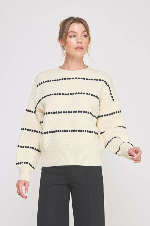 Cream-colored Pebble Textured Lofty Stripe Sweater with black dotted stripes
