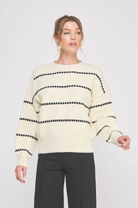 Cream-colored Pebble Textured Lofty Stripe Sweater with black dotted stripes